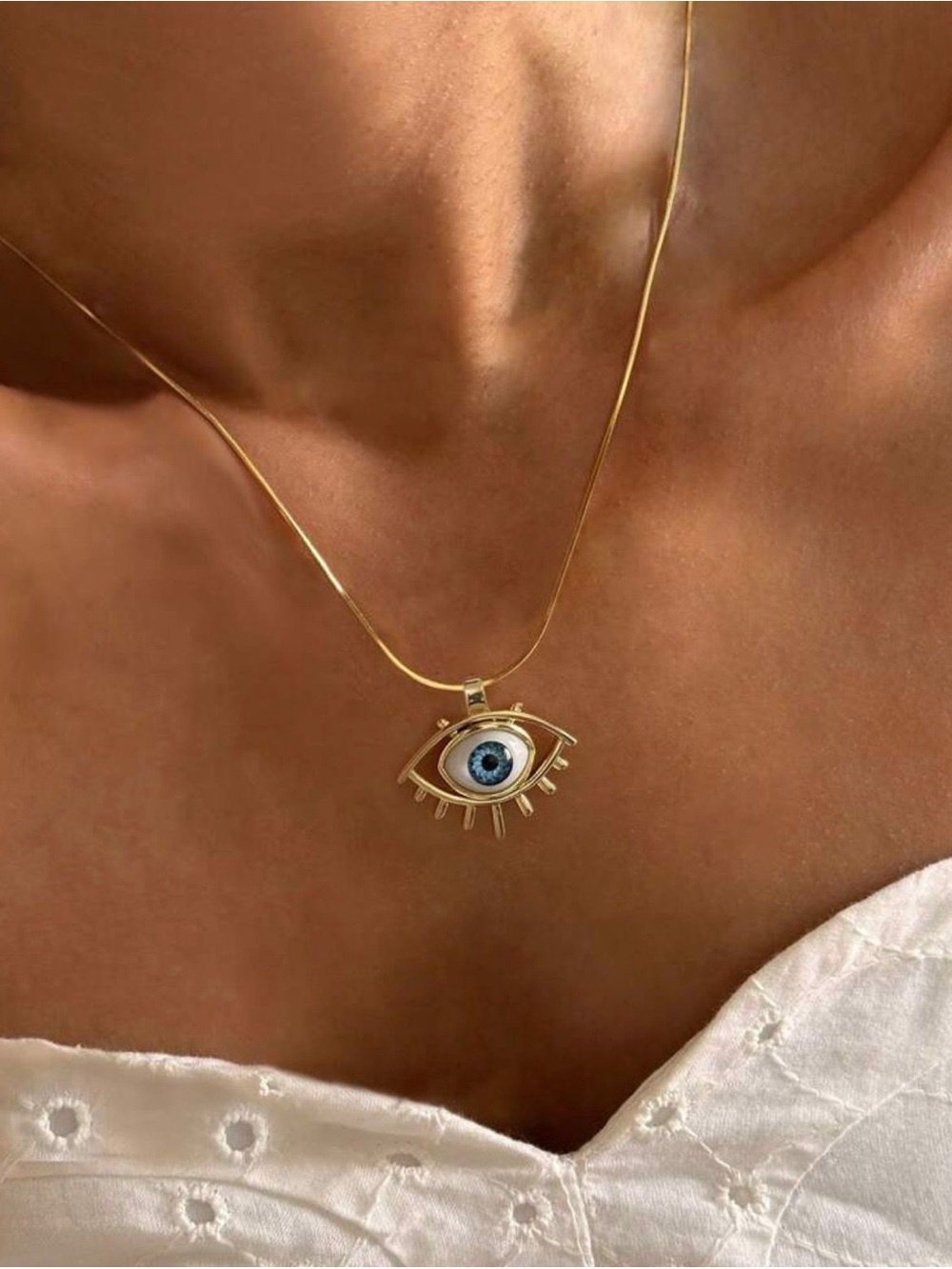 Gold Eye Pendant Necklace with Blue Iris